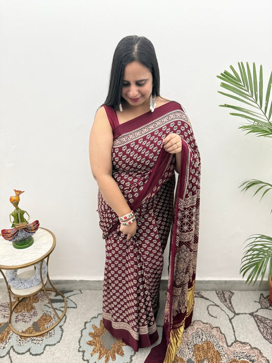 Ajrakh Screen Printed Modal Silk Saree-1