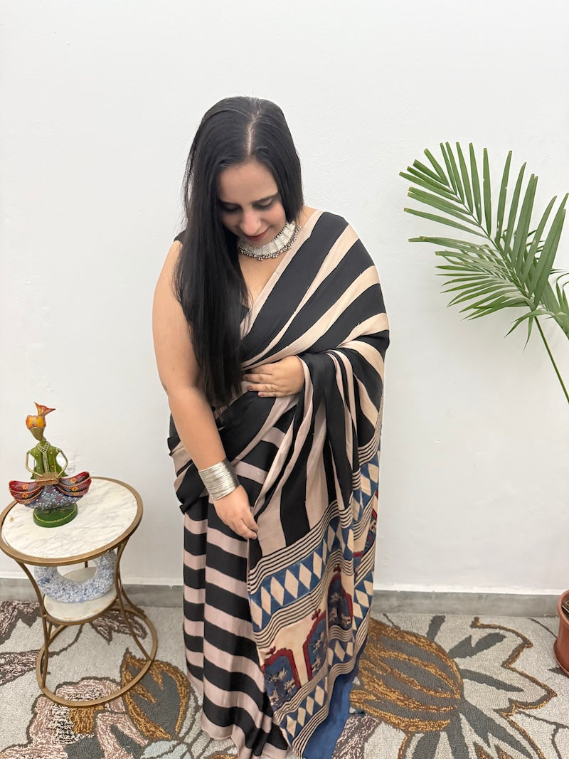 Black Striped Ajrakh Modal Silk Saree-5