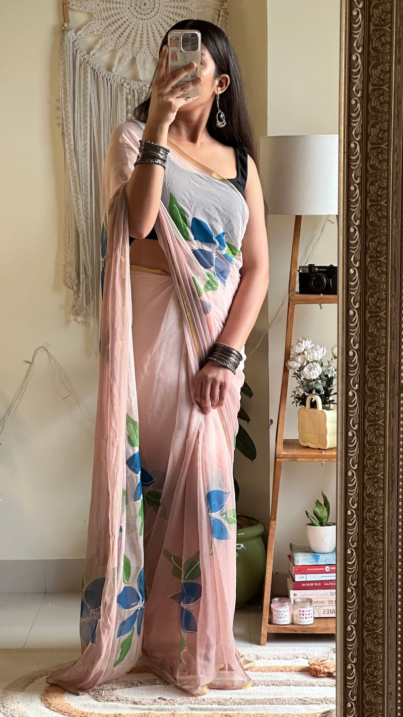 Blooming Blush Chiffon - Hand Painted Chiffon Saree