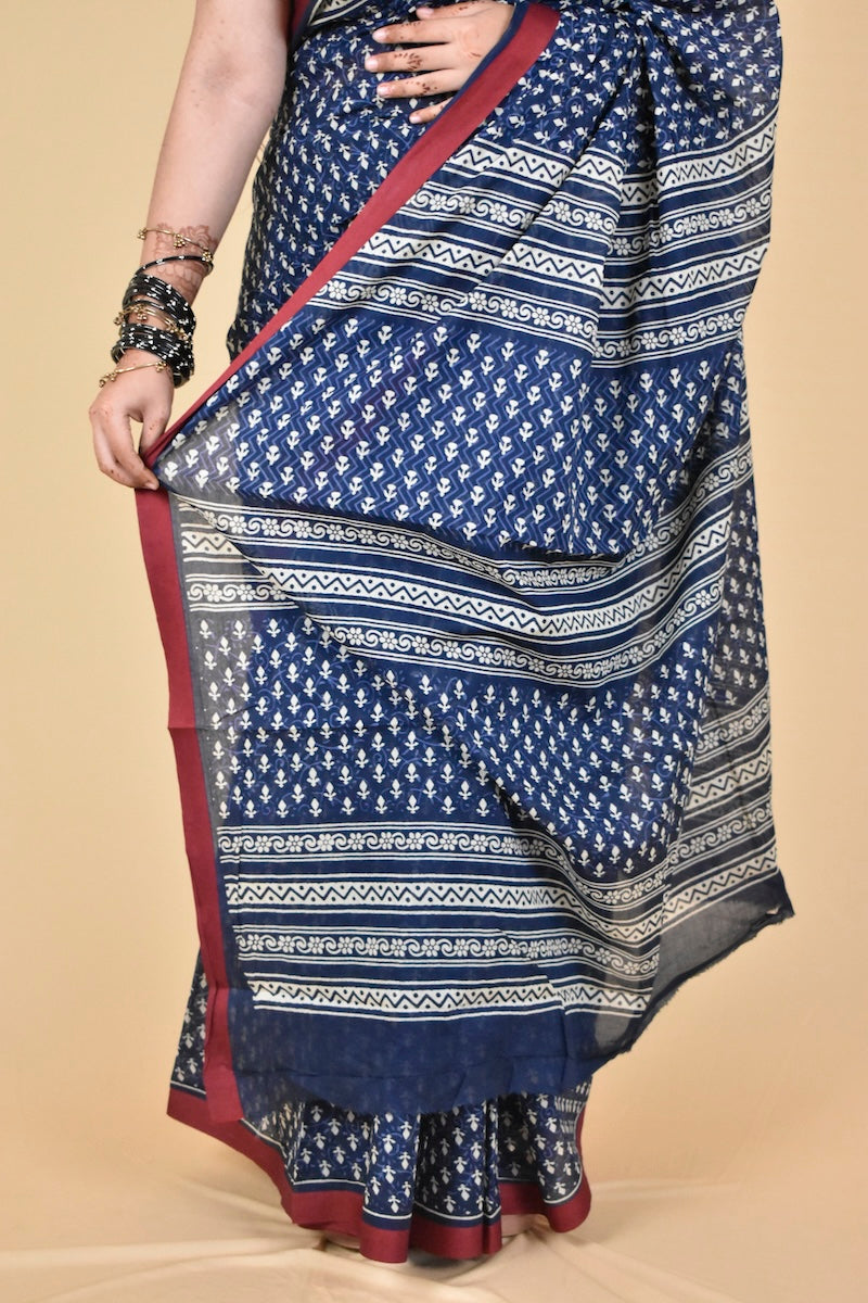 Indigo Dusk Block Printed Cotton Saree