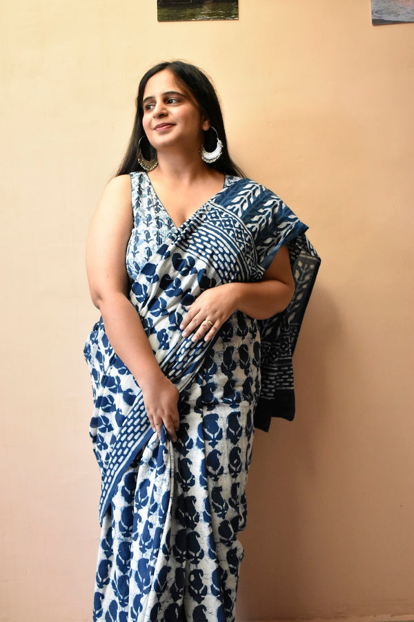 Indigo Tales - Hand Block Printed Mul Cotton Saree
