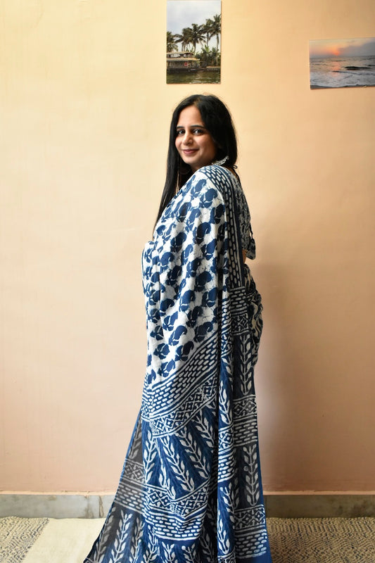 Indigo Tales - Hand Block Printed Mul Cotton Saree
