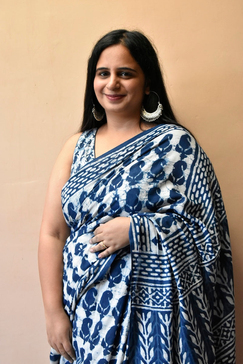 Indigo Tales - Hand Block Printed Mul Cotton Saree
