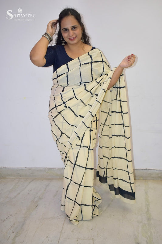 Ivory Grid Mul Cotton Saree-1