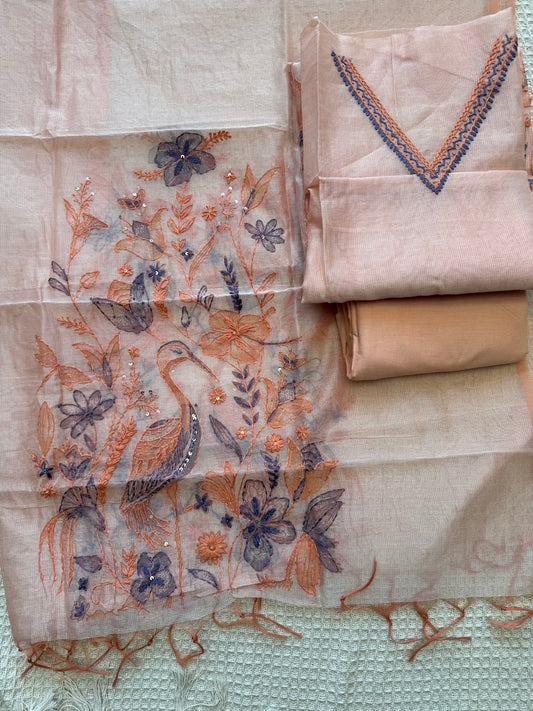 Parinda Bagh Kota Silk Embroidered Suit Set - Peach | Sariverse