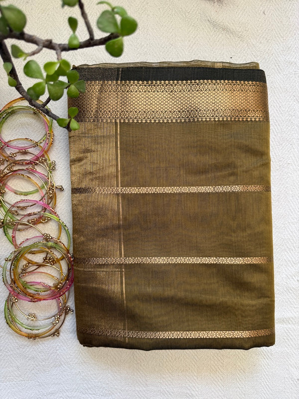 Olive Aura – Handloom Maheshwari Cotton Silk Saree with Zari Border