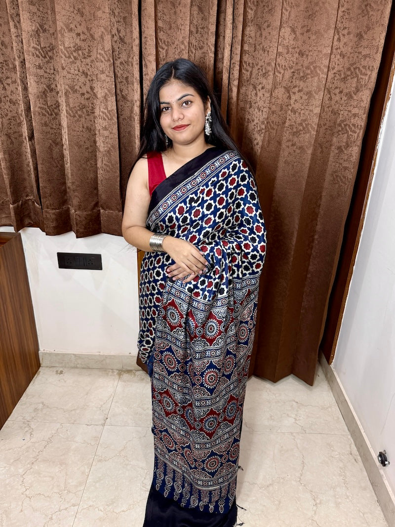 ajrakh modal silk saree