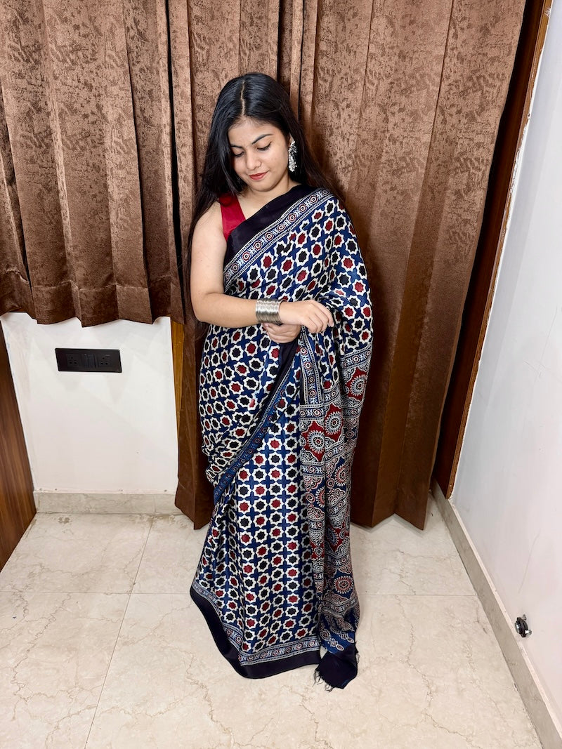 ajrakh modal silk saree