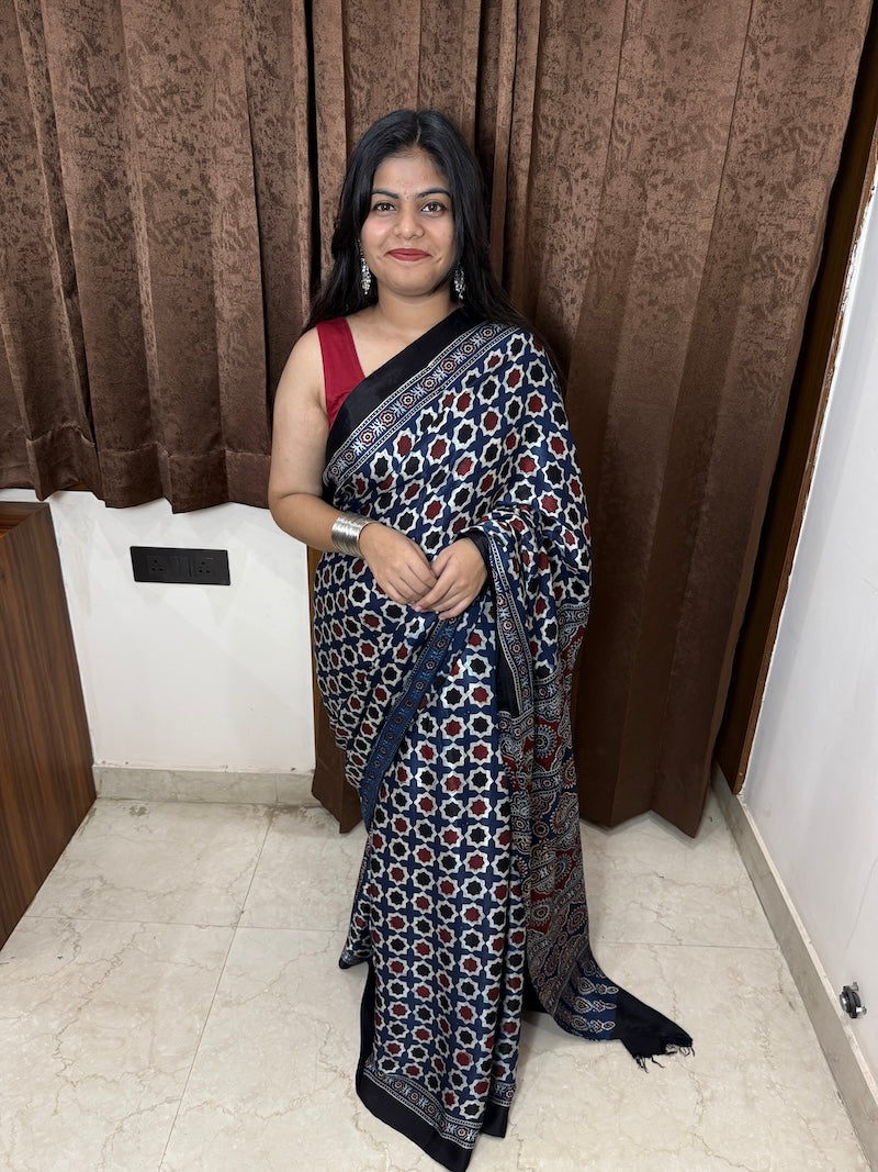 ajrakh modal silk saree