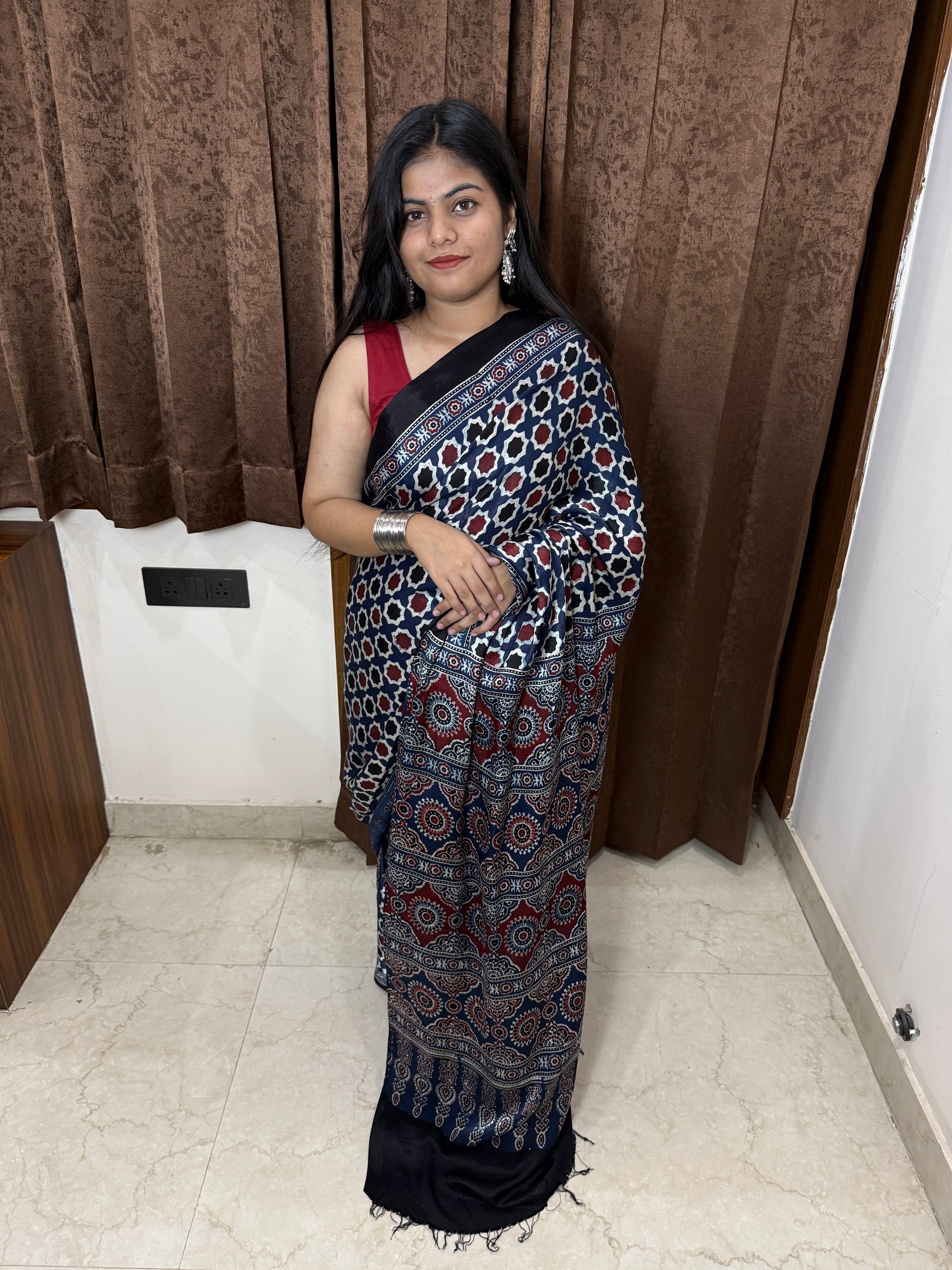 ajrakh modal silk saree