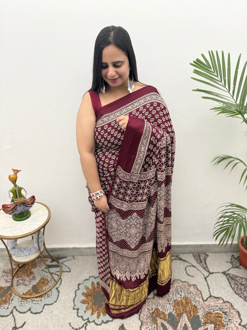 Ajrakh Screen Printed Modal Silk Saree