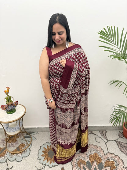 Ajrakh Screen Printed Modal Silk Saree