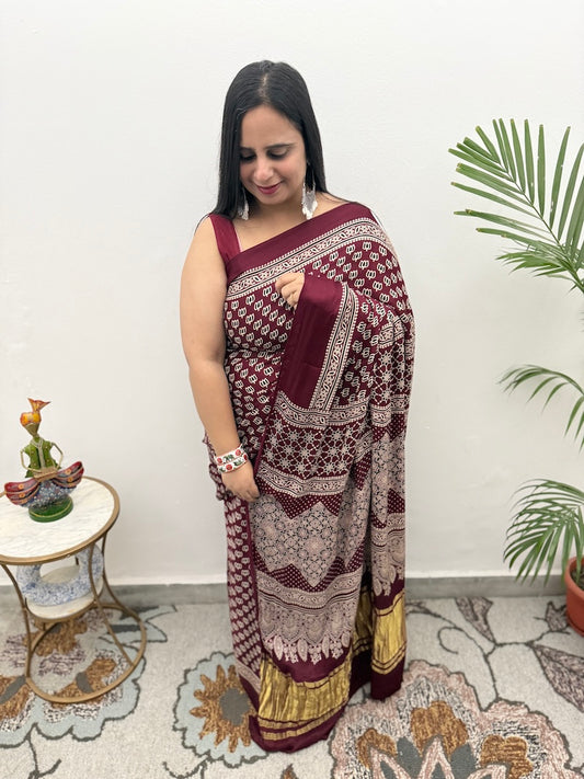 Ajrakh Screen Printed Modal Silk Saree