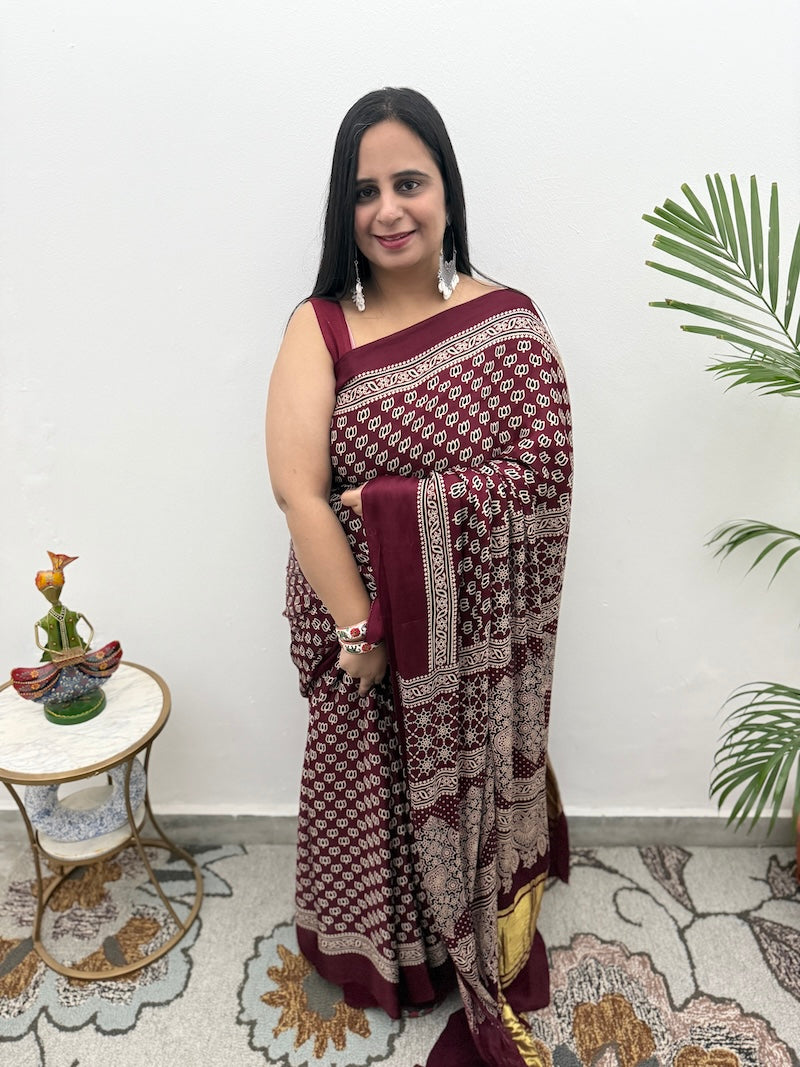 Ajrakh Screen Printed Modal Silk Saree-2