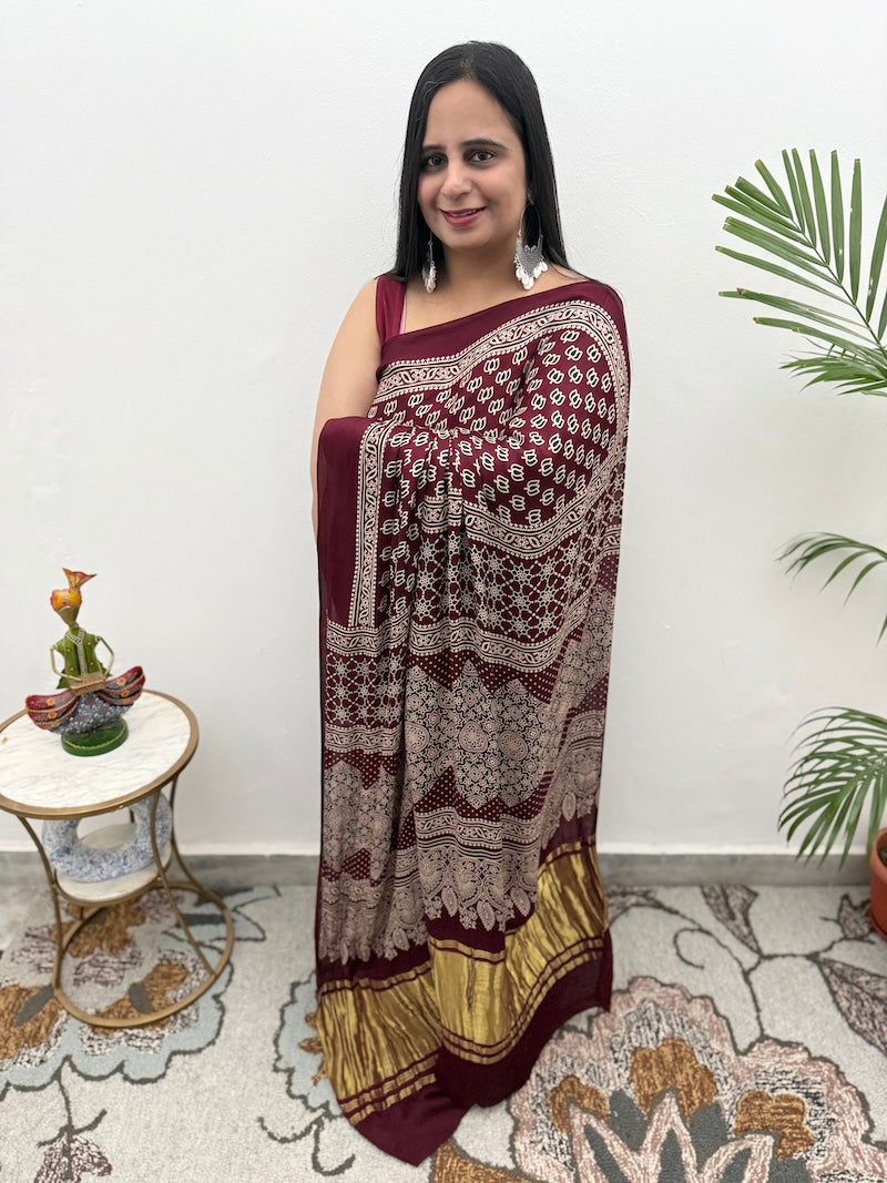 Ajrakh Screen Printed Modal Silk Saree-3