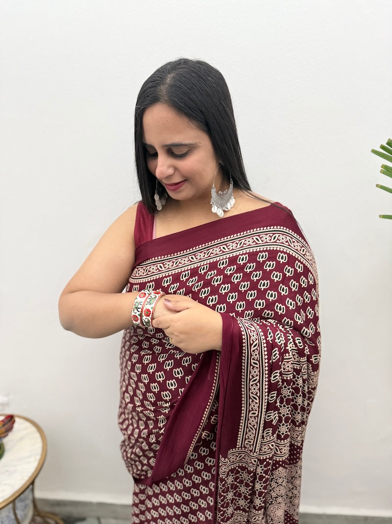 Ajrakh Screen Printed Modal Silk Saree-4