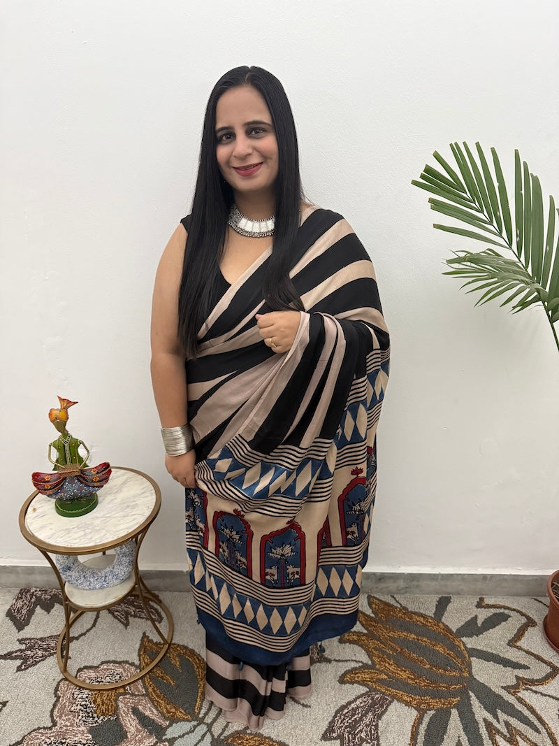 Black Striped Ajrakh Modal Silk Saree