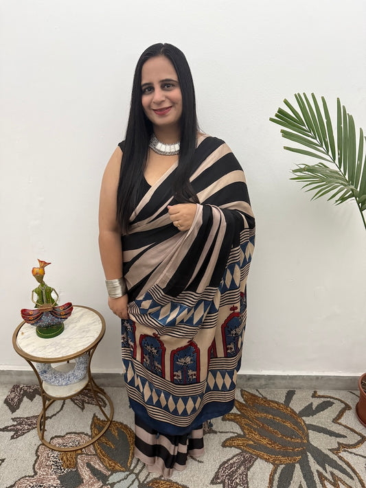 Black Striped Ajrakh Modal Silk Saree