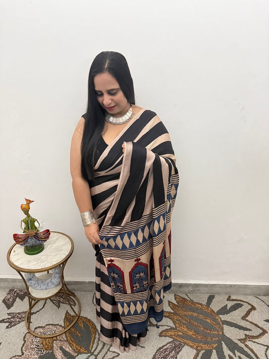 Black Striped Ajrakh Modal Silk Saree-1