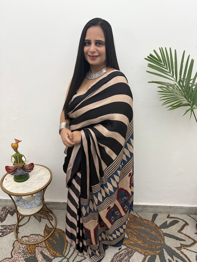 Black Striped Ajrakh Modal Silk Saree-2