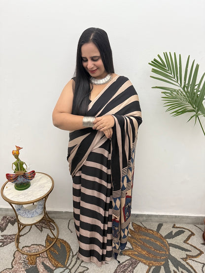 Black Striped Ajrakh Modal Silk Saree-3