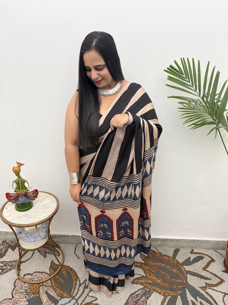 Black Striped Ajrakh Modal Silk Saree-4