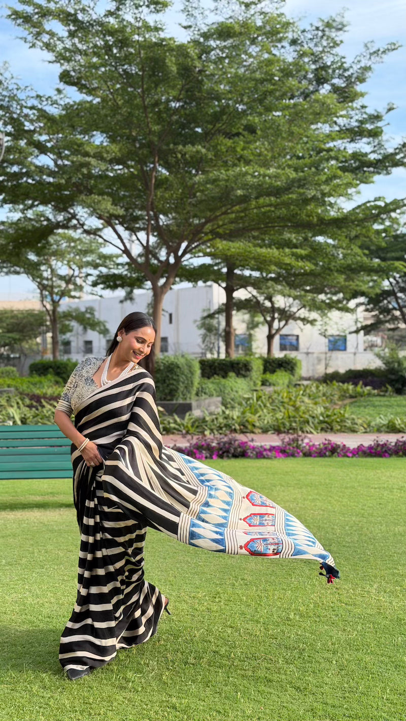 Black Striped Ajrakh Modal Silk Saree