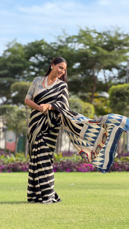 Black Striped Ajrakh Modal Silk Saree