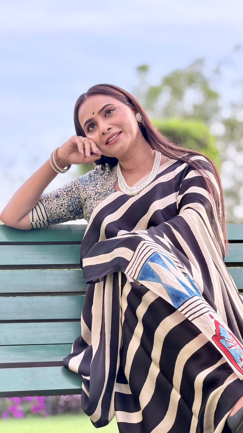 Black Striped Ajrakh Modal Silk Saree