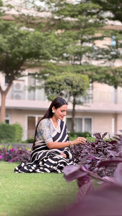 Black Striped Ajrakh Modal Silk Saree