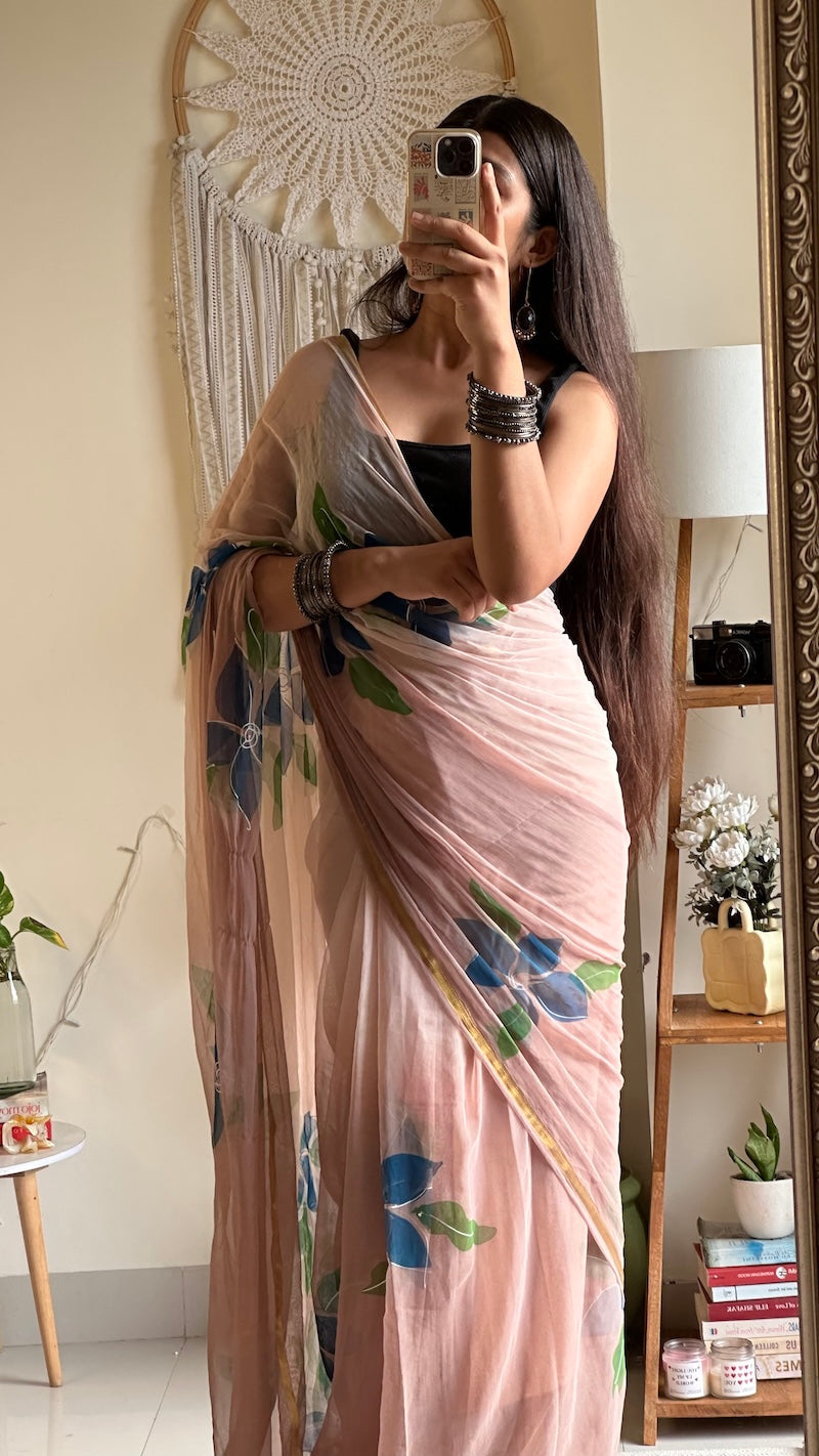 Blooming Blush Chiffon - Hand Painted Chiffon Saree