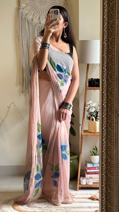 Blooming Blush Chiffon - Hand Painted Chiffon Saree