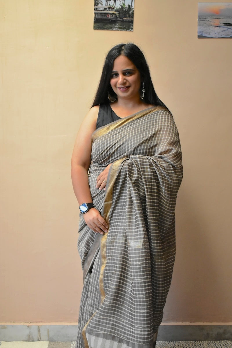 Cocoa Checks - Hand Block Printed Maheshwari Cotton Silk Saree