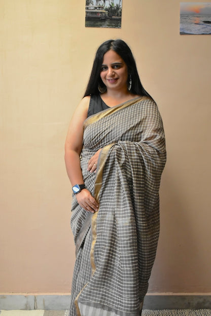Cocoa Checks - Hand Block Printed Maheshwari Cotton Silk Saree