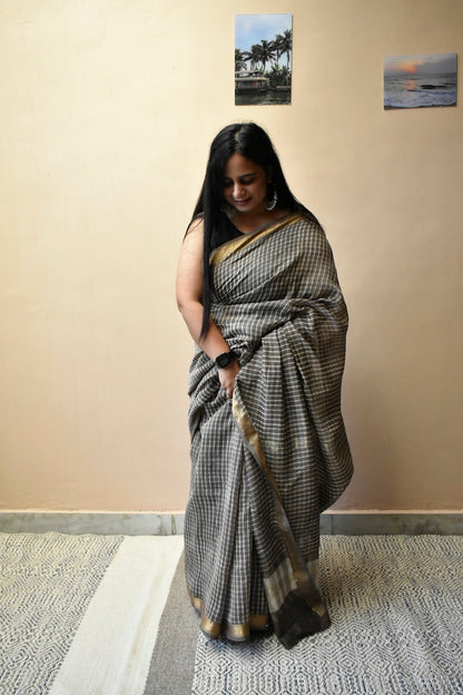 Cocoa Checks - Hand Block Printed Maheshwari Cotton Silk Saree