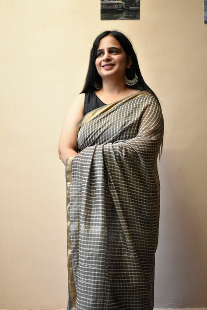 Cocoa Checks - Hand Block Printed Maheshwari Cotton Silk Saree