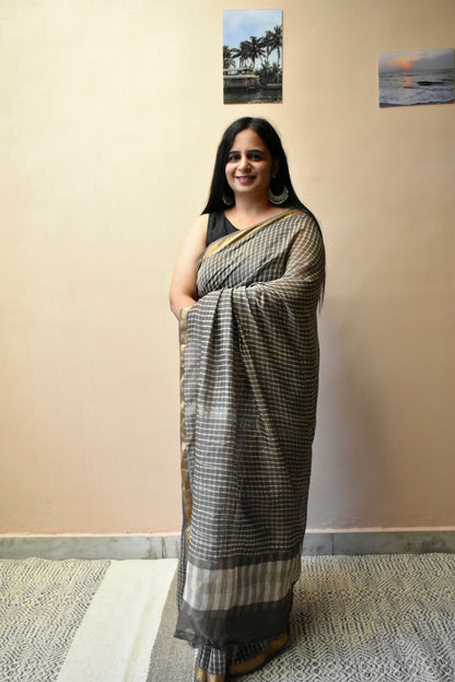 Cocoa Checks - Hand Block Printed Maheshwari Cotton Silk Saree