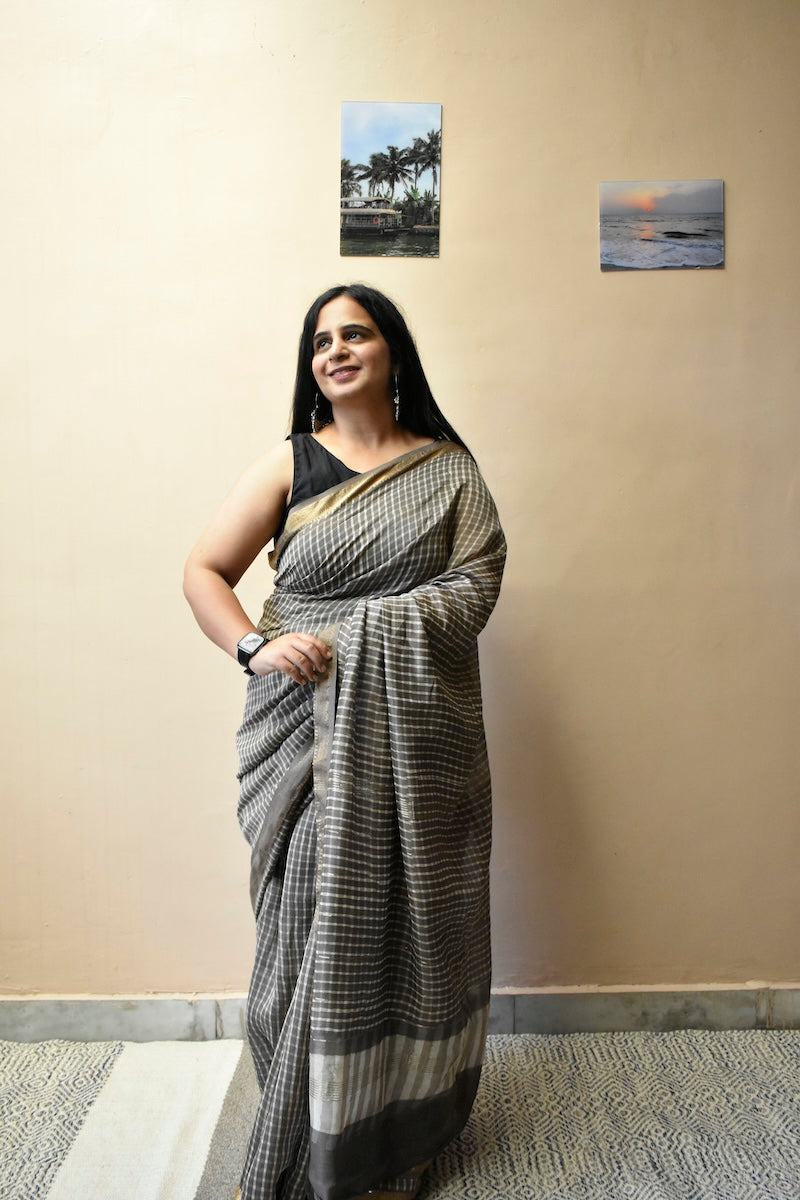 Cocoa Checks - Hand Block Printed Maheshwari Cotton Silk Saree