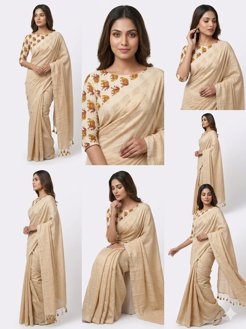 Earthen Khadi Weave Saree - Pure Khadi Cotton Saree with Mul Cotton Blouse Piece