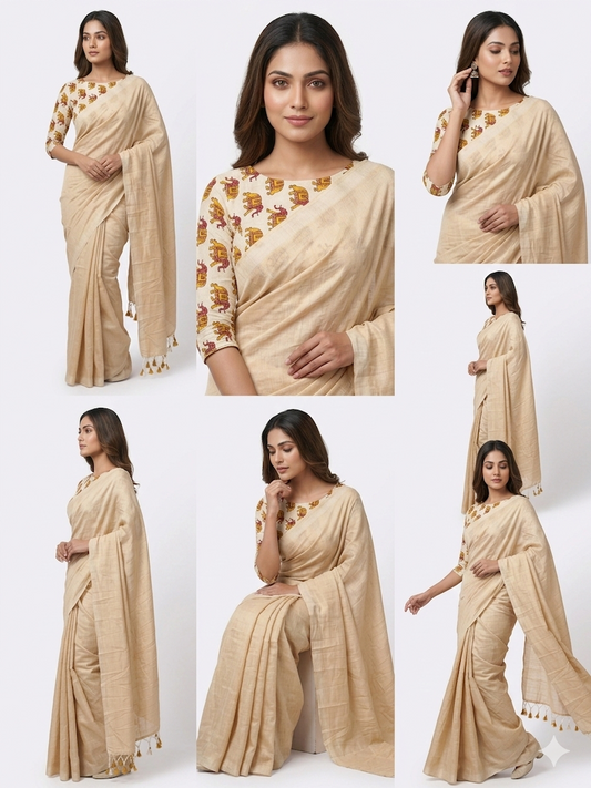 Earthen Khadi Weave Saree - Pure Khadi Cotton Saree with Mul Cotton Blouse Piece