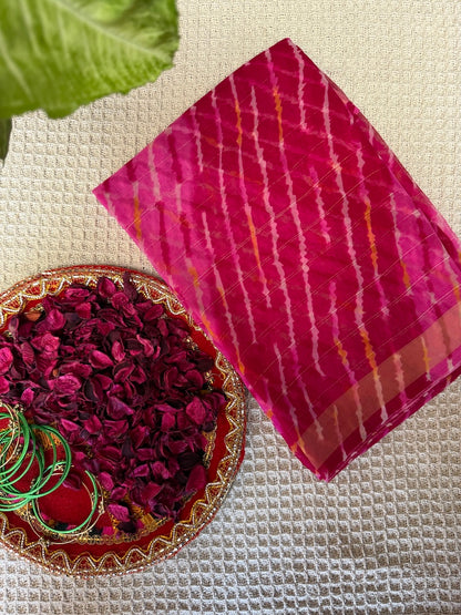 Fuchsia & Rose Gold-Pinstriped Leheriya Saree