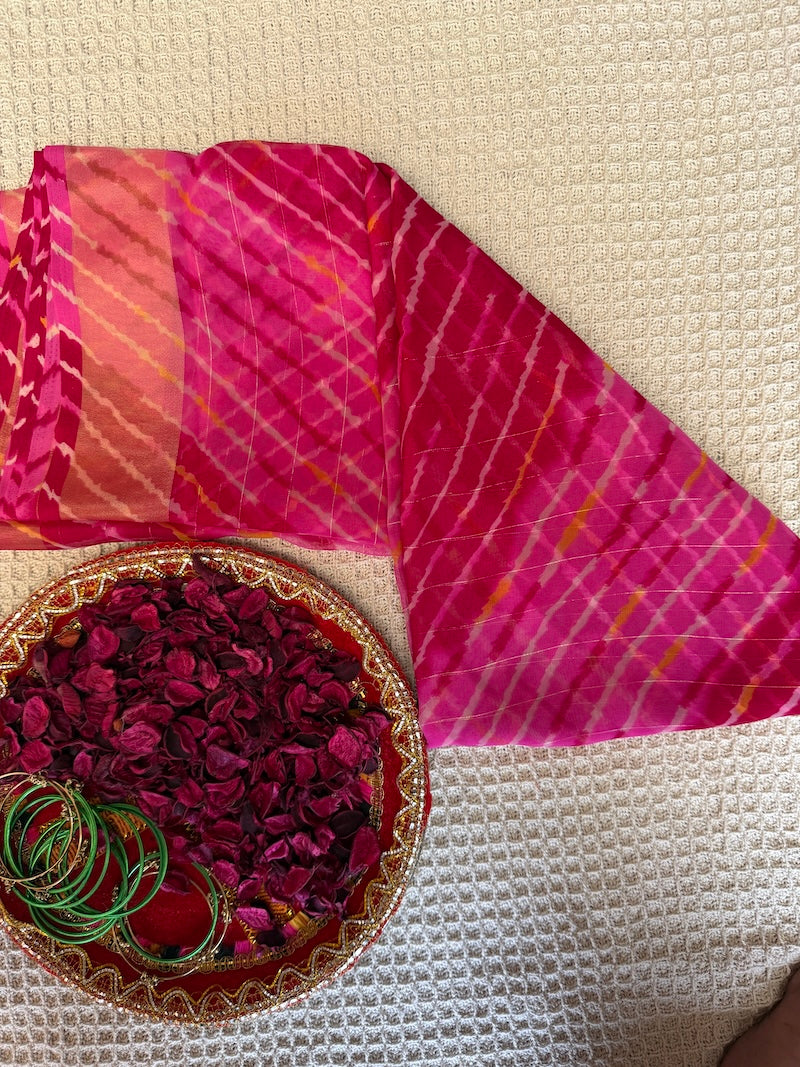 Fuchsia & Rose Gold-Pinstriped Leheriya Saree