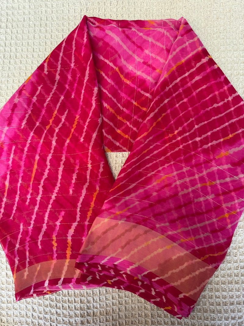 Fuchsia & Rose Gold-Pinstriped Leheriya Saree