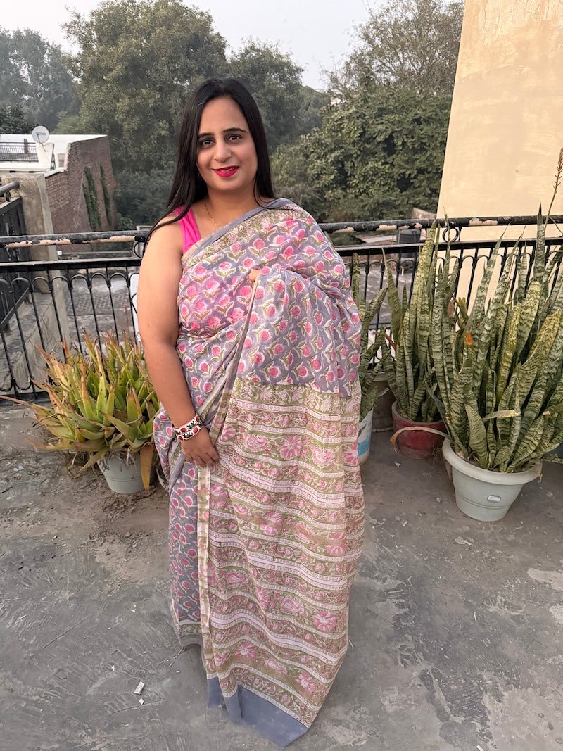 hand block printed chanderi silk saree