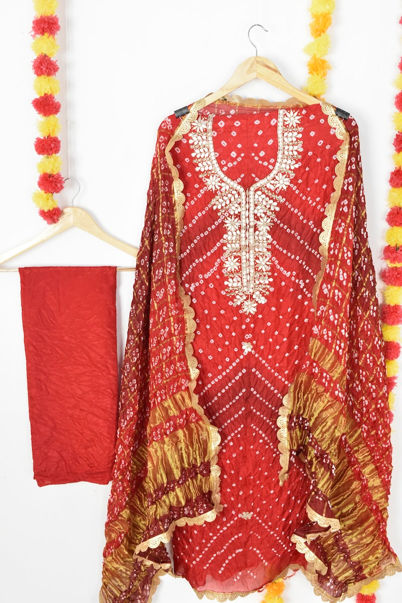 Rang Rani Bandhej Suit | Gotta Patti Unstitched Set