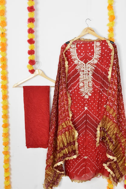 Rang Rani Bandhej Suit | Gotta Patti Unstitched Set