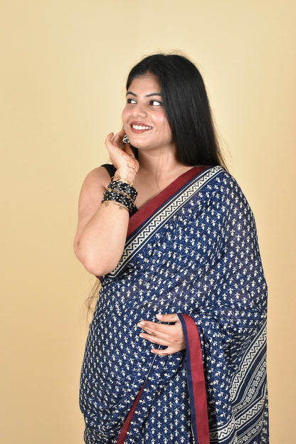 Indigo Dusk Block Printed Cotton Saree