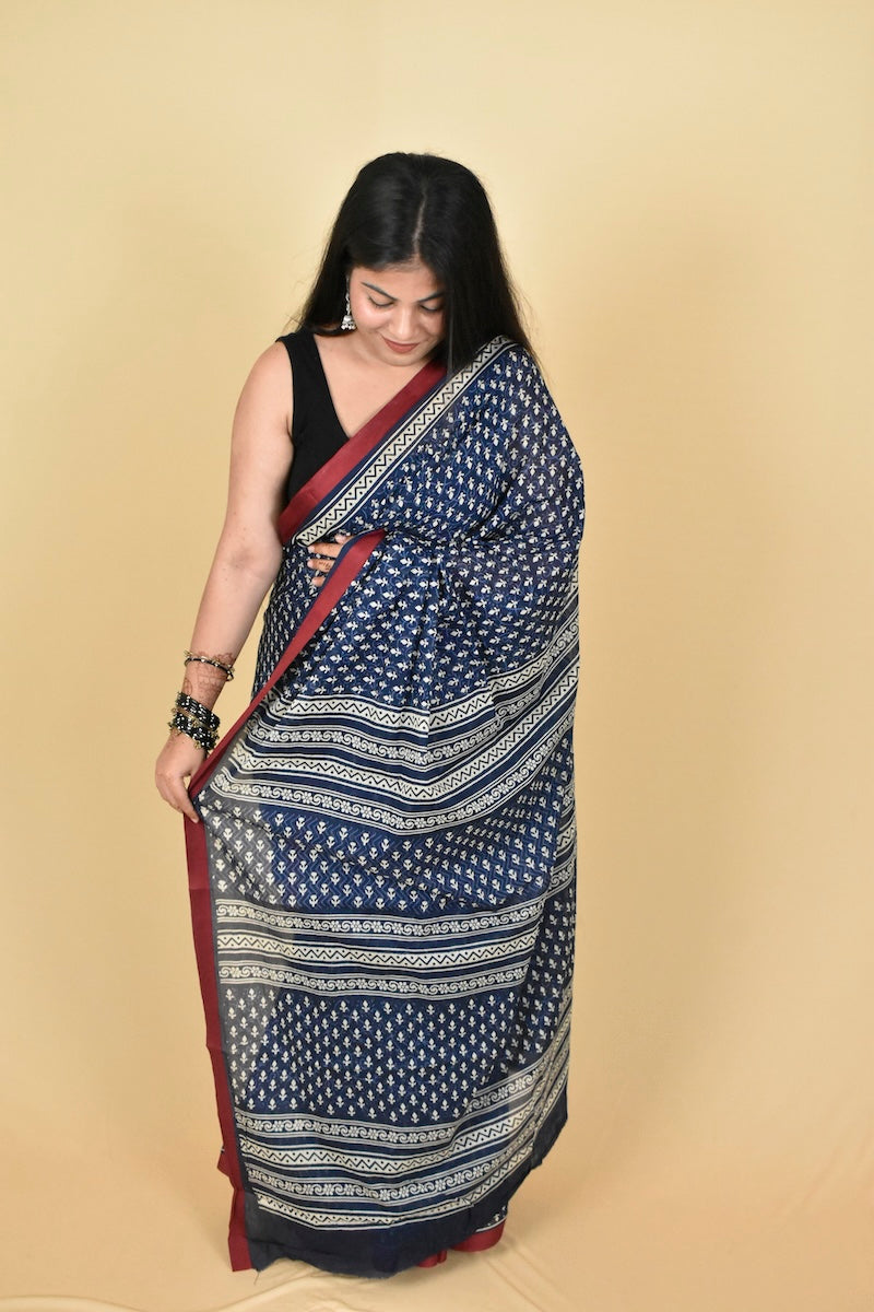 Indigo Dusk Block Printed Cotton Saree