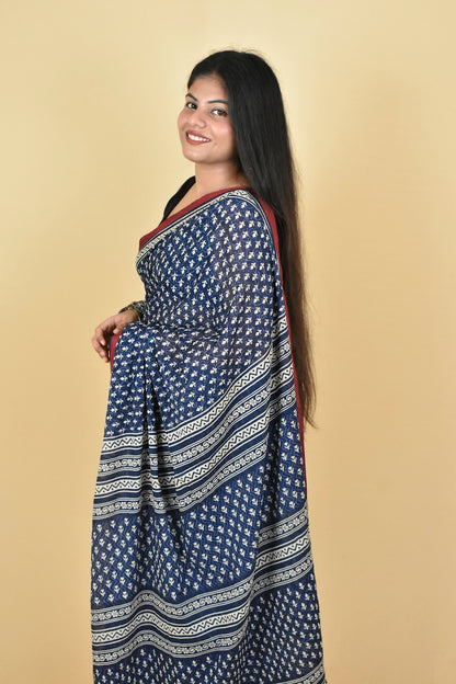 Indigo Dusk Block Printed Cotton Saree