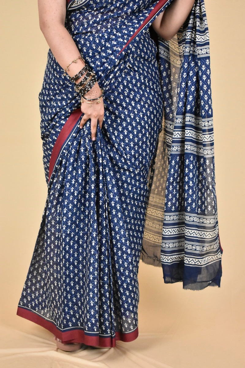 Indigo Dusk Block Printed Cotton Saree